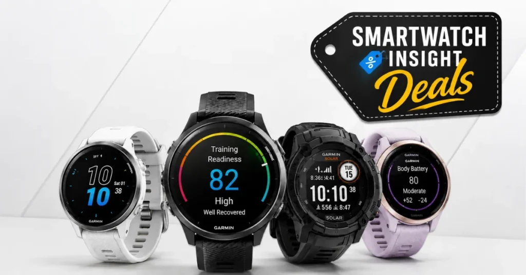 Garmin smartwatches including Fenix 8 and Forerunner 265 displayed together during a discount sale