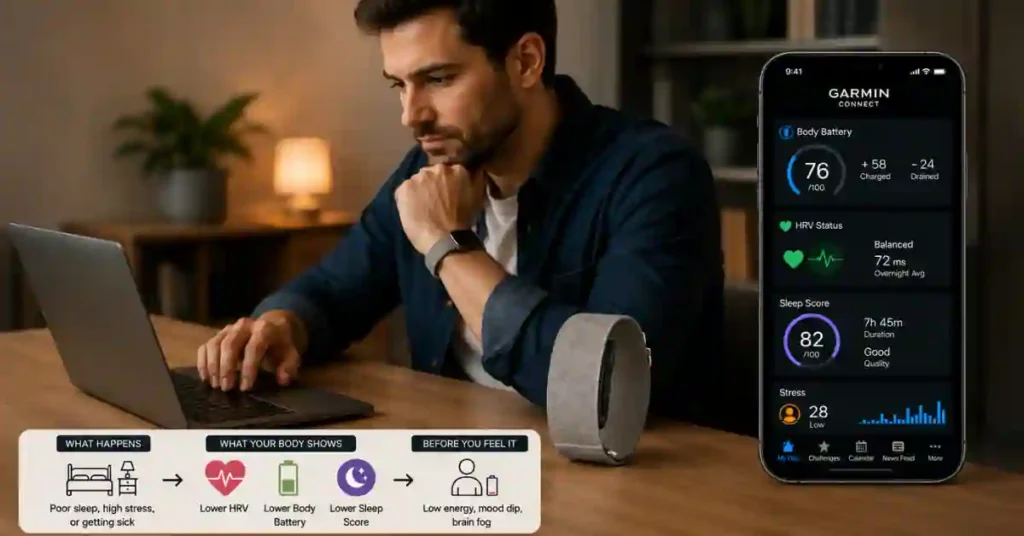 Is Garmin Cirqa Worth It for Non-Athletes? (2026 Honest Take) 1 Garmin Connect app showing Body Battery energy score tracked by the Garmin Cirqa band