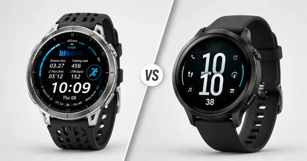 Side-by-side comparison of the Garmin Venu 4 and Garmin Forerunner 570 smartwatches with their front displays visible.