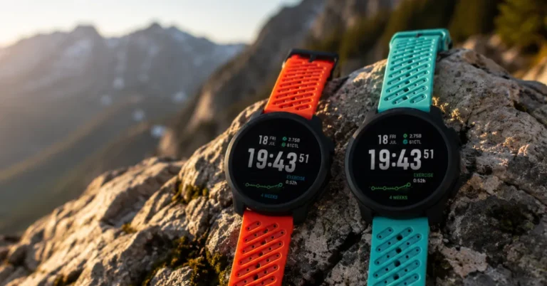 Suunto Race 3 vs Suunto Race 2 sports watches side by side in an alpine outdoor setting