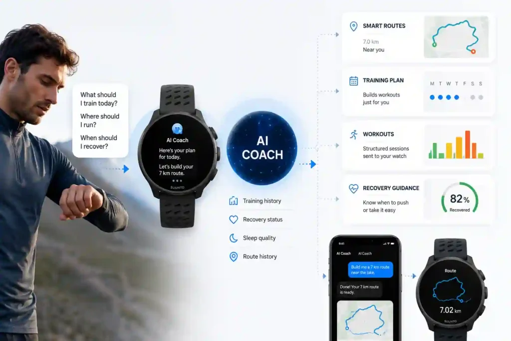Suunto Race 3 vs Race 2: What the Leak Actually Changes (2026) 3 Suunto Race 3 vs Race 2 Illustration of an AI-powered smartwatch coach generating training plans and running routes