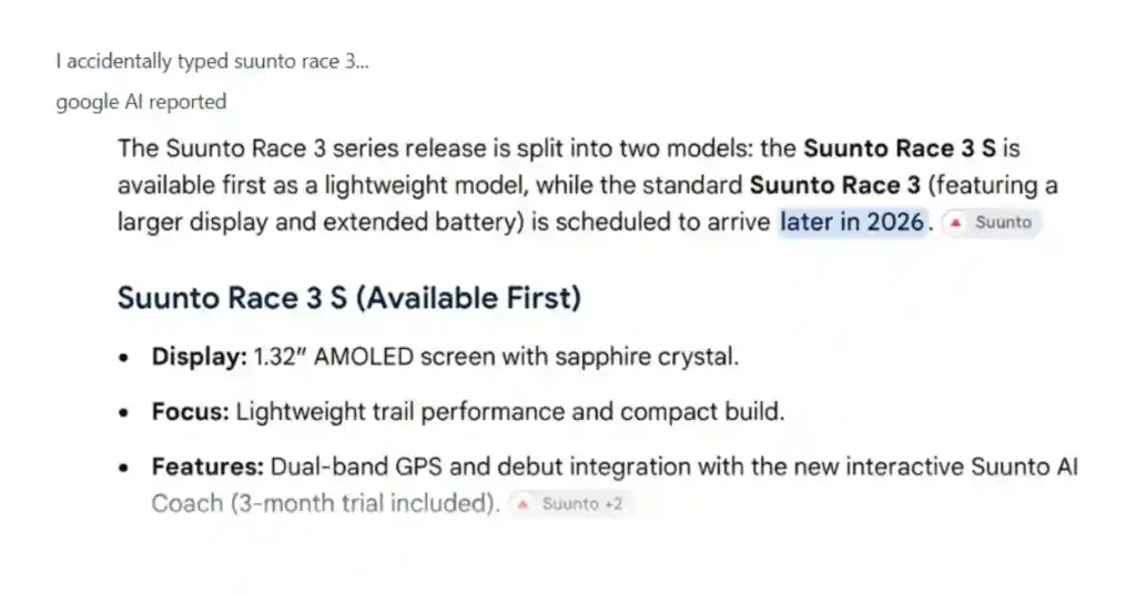 Suunto Race 3 vs Race 2: What the Leak Actually Changes (2026) 2 Google AI Overview showing leaked Suunto Race 3 and Race 3 S information sourced from Suunto webpages