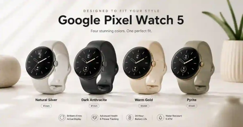 Google Pixel Watch 5: Price, Specs & Release Date — Every Leak (2026) 4 options.jpgPixel Watch 5 color lineup including Natural Silver, Dark Anthracite, Warm Gold, and Pyrite