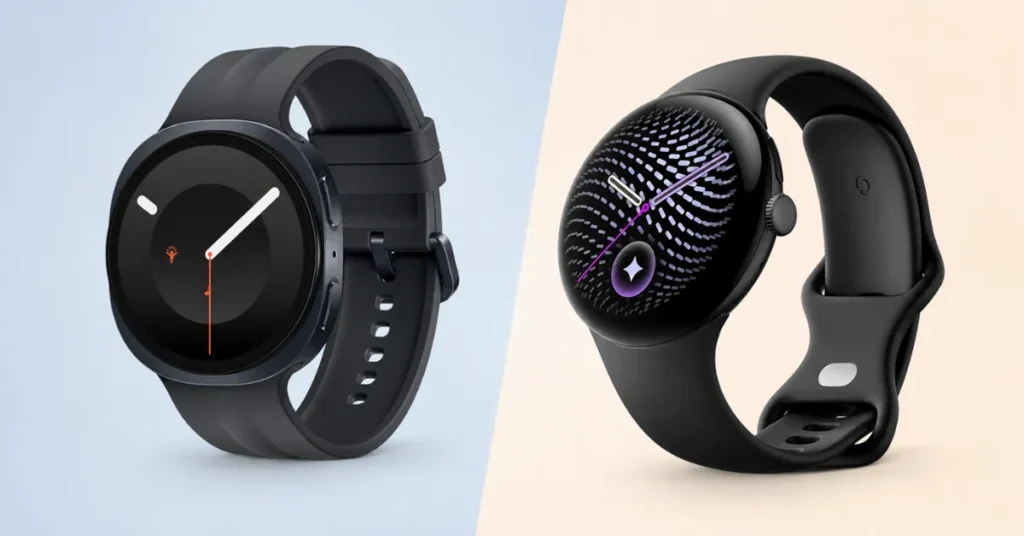 Google Pixel Watch 5 and Samsung Galaxy Watch 9 smartwatches shown side by side