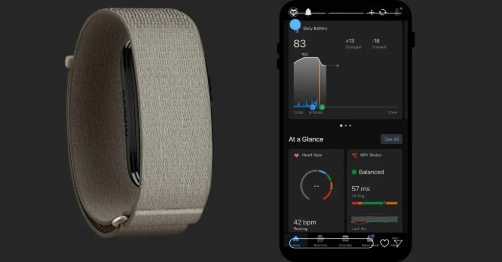 Garmin Connect app dashboard showing Body Battery, heart rate, HRV status, and sleep score synced from Garmin CIRQA