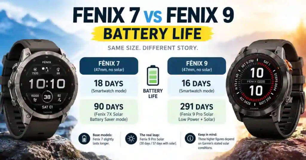 Fenix 9 vs Fenix 7 and Fenix 7 Pro spec comparison table
