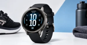 Garmin Venu 4 smartwatch on a wrist, showing AMOLED display and metal case design
