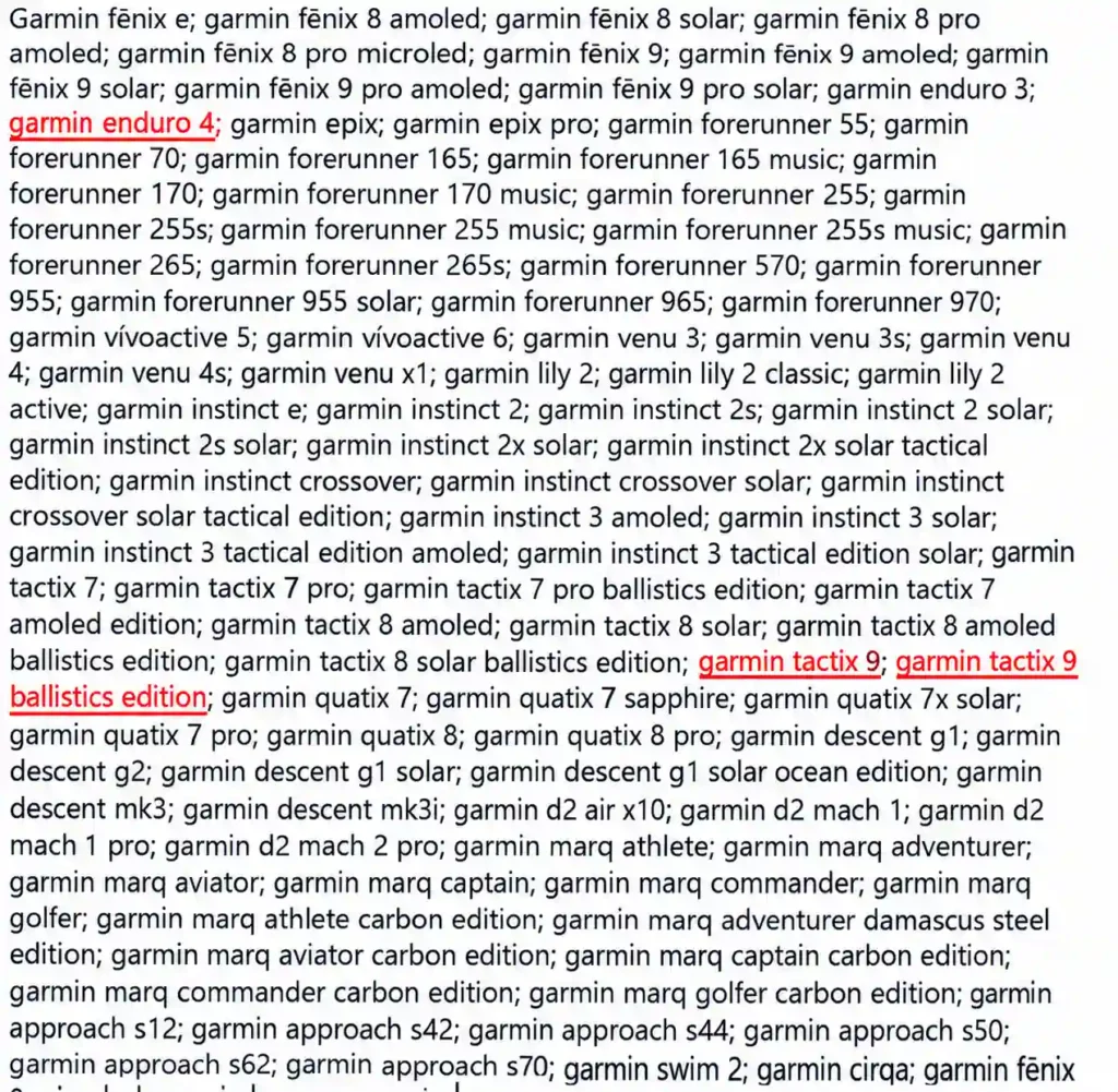 The Garmin tactix 9 Leak Everyone Got Half Right 1 Screenshot of Garmin's EAEU compliance filing model list, with Garmin tactix 9, tactix 9 Ballistics Edition, and Enduro 4 highlighted in red among the unreleased product names