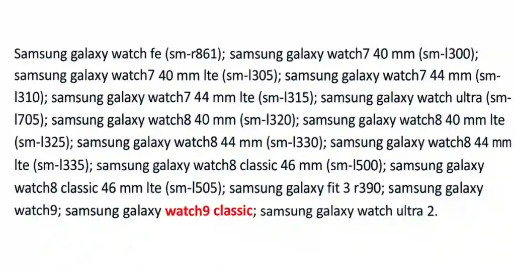 Screenshot of Samsung's EAEU compliance filing model list, with Samsung Galaxy Watch9 Classic highlighted in red among the Watch9, Watch8 Classic, and Watch Ultra 2 entries